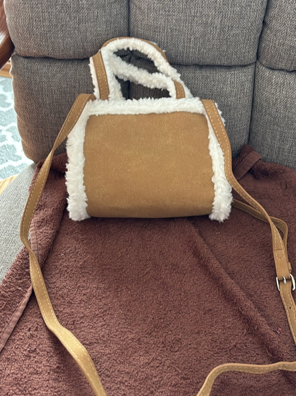 Shearling-Trim Tan Crossbody Bag
